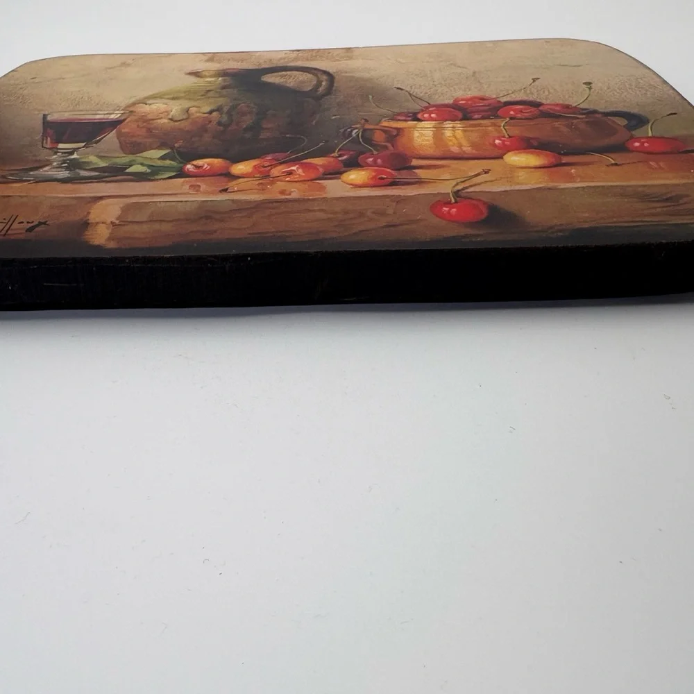 Vintage “Still Life With Cherries” Art on Wood Wall Plaque